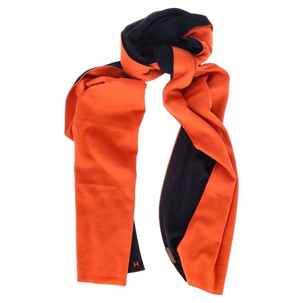 Hermès Logo-Embroidered Two-Toned Scarf in Orange and Black Cashmere - Picture 3 of 7
